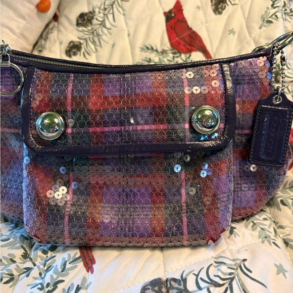 Coach Poppy sequins shimmer bag purple plaid shoulder purse special edition - Picture 5 of 12